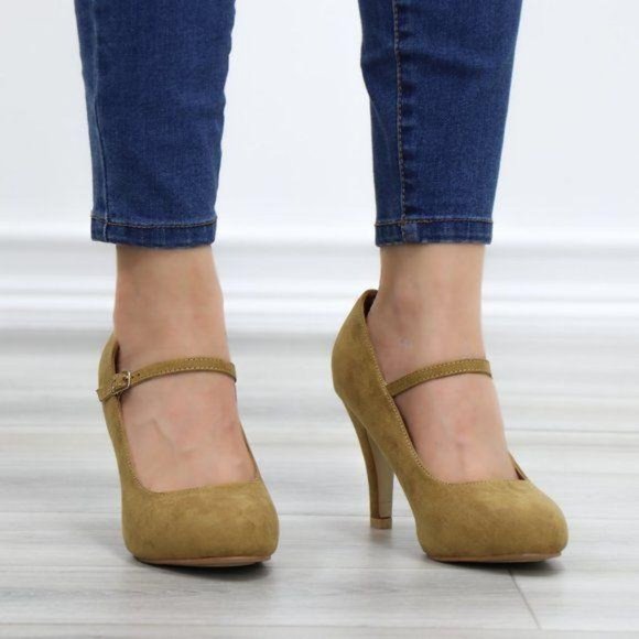 Taupe Suede Low Heel Rockabilly Pumps - Picture 7 of 11